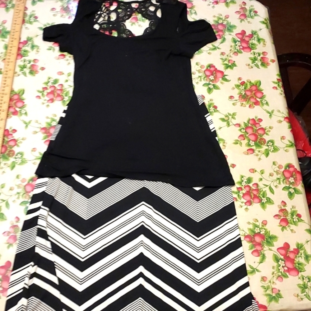 Venus black lace top, New York Co striped skirt